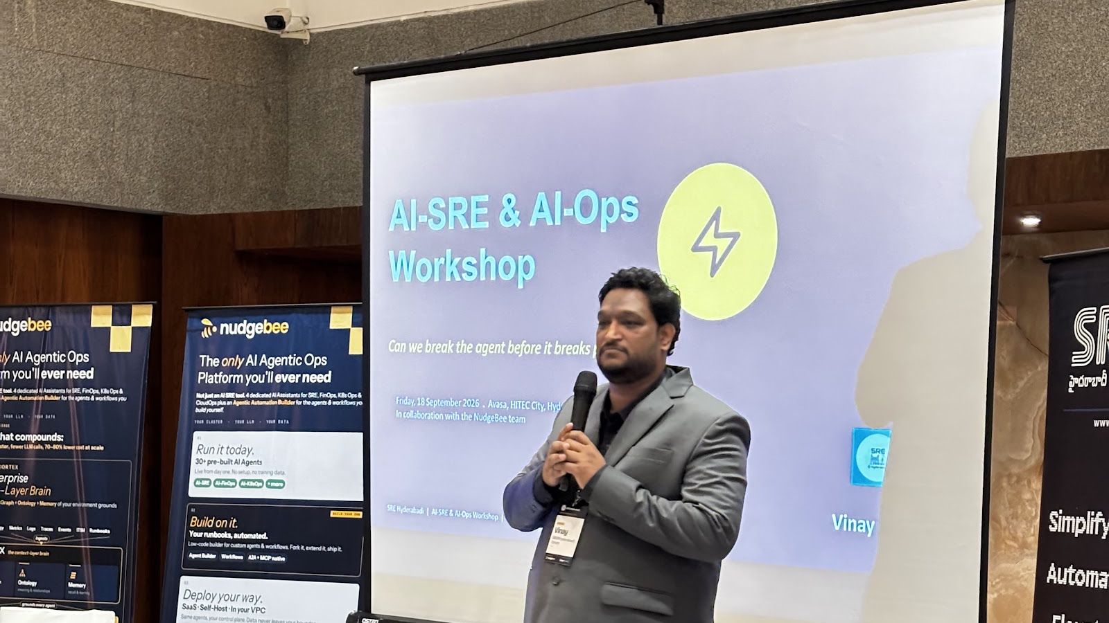 A host opening the AI-SRE & AI-Ops Workshop in Hyderabad